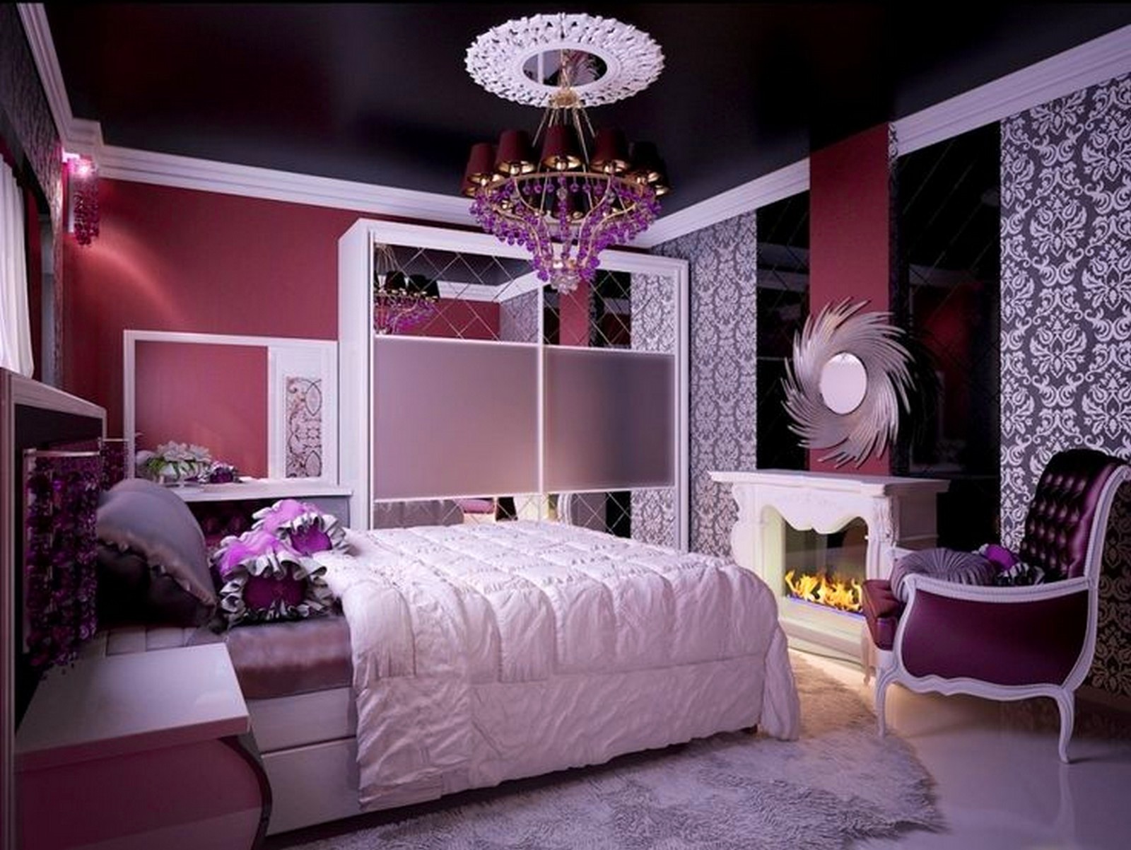 violet-fleur-motif-chambre-décoration-blanc-draps-lit-lustre-shof-tennege-palette de couleurs-bleu-petits-rideaux-rose-grande-taille-pendats-fourrure-tapis-idées-tapis-adolescents-tapis- oreiller-table-ronde